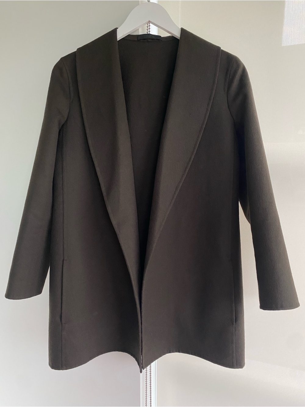 The Row Virgin Wool Open Front Coat Jacket Shawl Collar Dark Brown Taupe Size 4